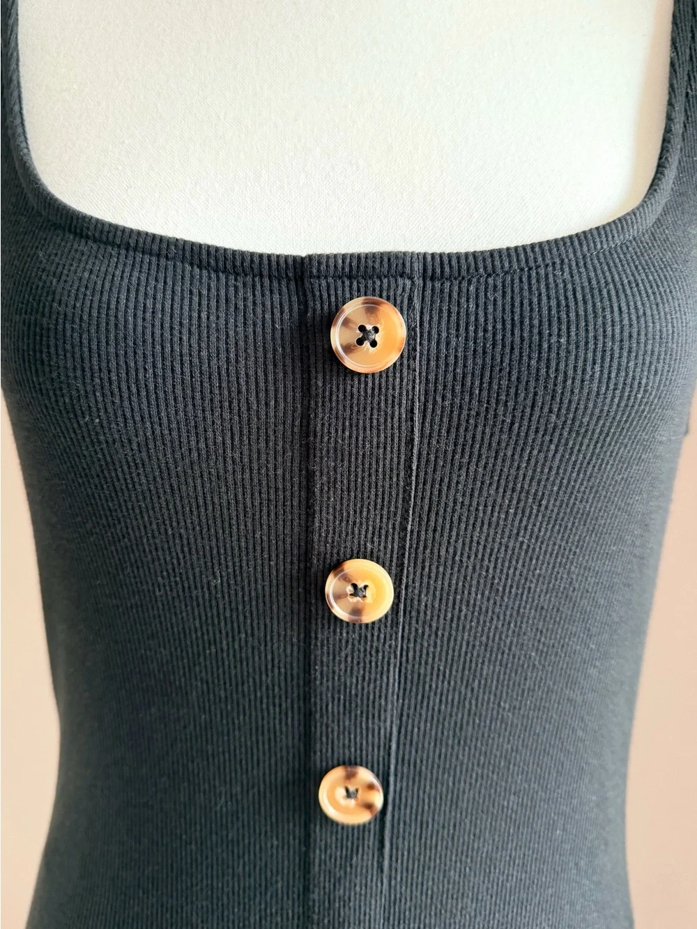 Every Ribbed Button Front Midi Tank Dress | Black | Size Medium